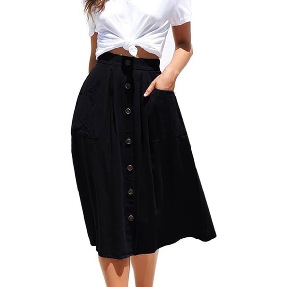 Women's High Waisted Pleated Midi Skirt w/ Pockets - Black - Picture 2 of 6